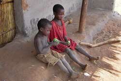 Two Malawi boys eating mangos